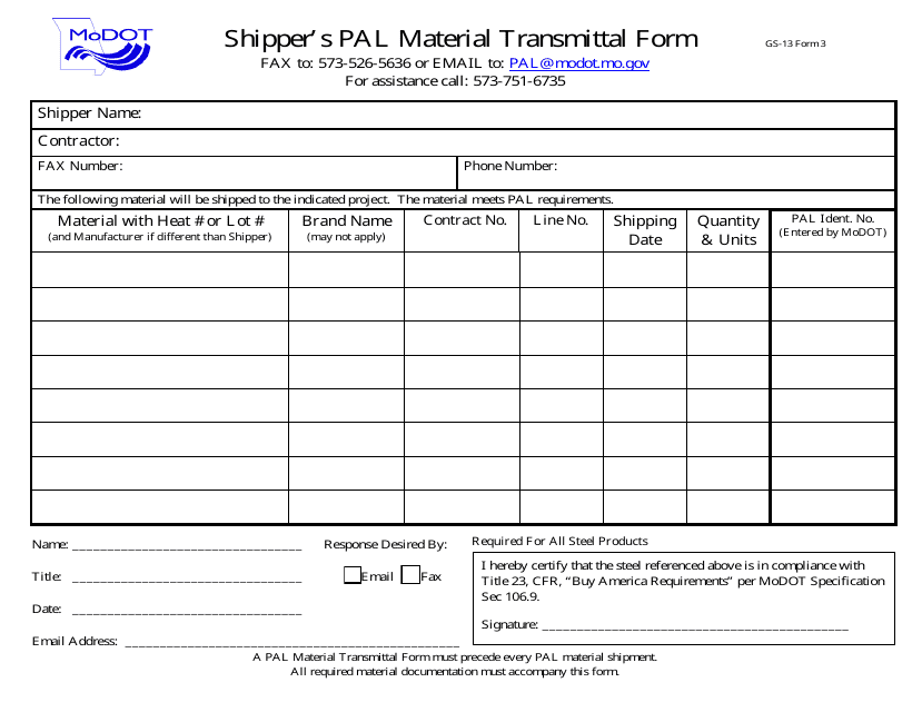 Form GS-13 (3) Shipper's Pal Material Transmittal Form - Missouri