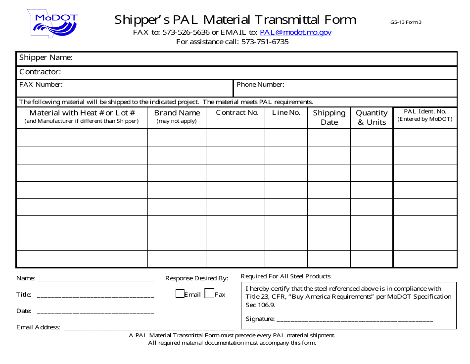Form GS-13 (3) Shippers Pal Material Transmittal Form - Missouri, Page 1