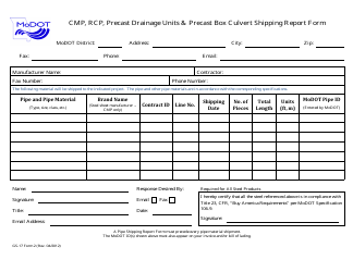 Form GS-17 (2) &quot;Cmp, Rcp, Precast Drainage Units &amp; Precast Box Culvert Shipping Report Form&quot; - Missouri
