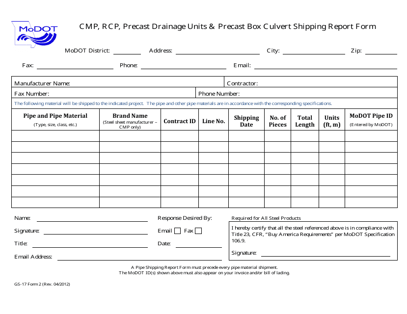 Form GS-17 (2) Cmp, Rcp, Precast Drainage Units & Precast Box Culvert Shipping Report Form - Missouri