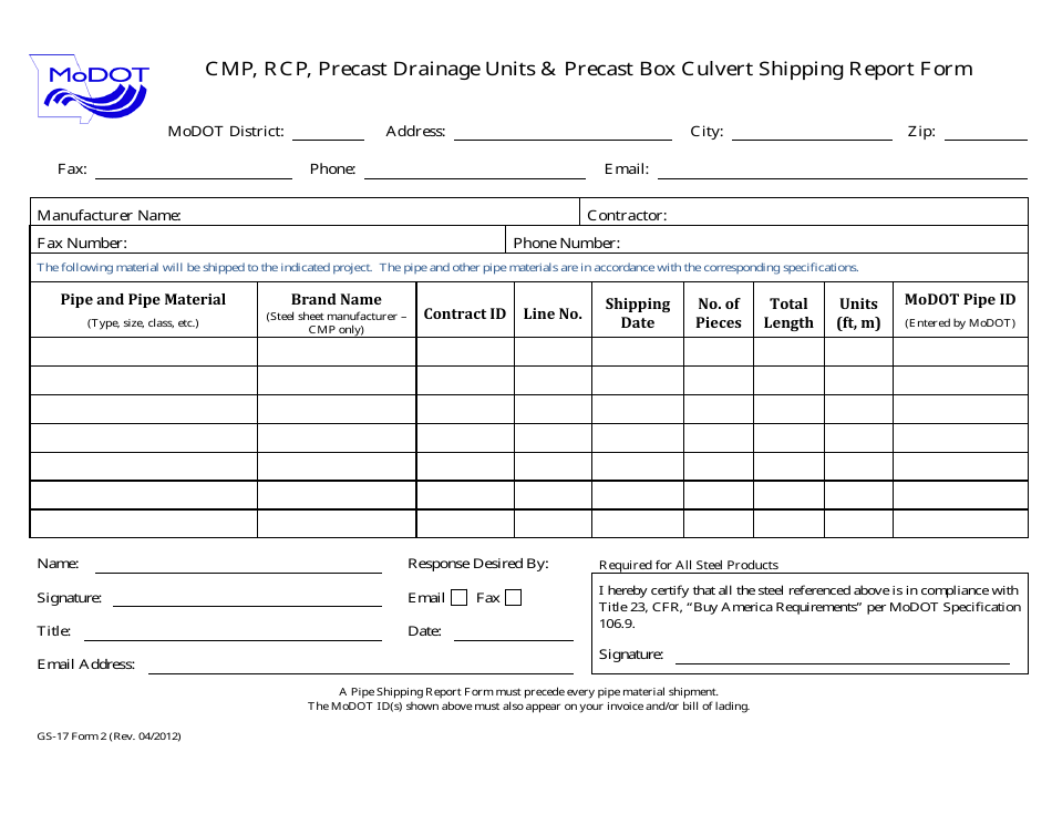 Form GS-17 (2) Cmp, Rcp, Precast Drainage Units  Precast Box Culvert Shipping Report Form - Missouri, Page 1