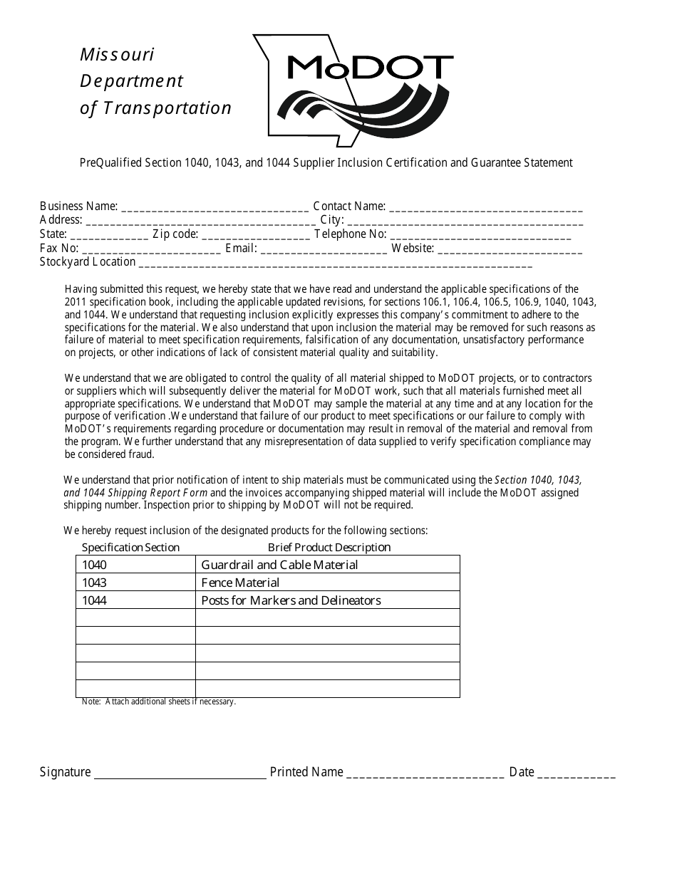 Prequalified Section 1040, 1043, and 1044 Supplier Inclusion Certification and Guarantee Statement Form - Missouri, Page 1