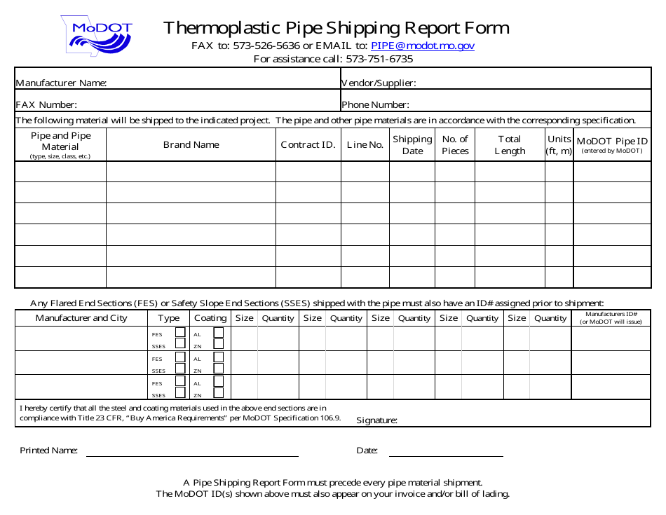 Form GS-17 (1) Thermoplastic Pipe Shipping Report Form - Missouri, Page 1