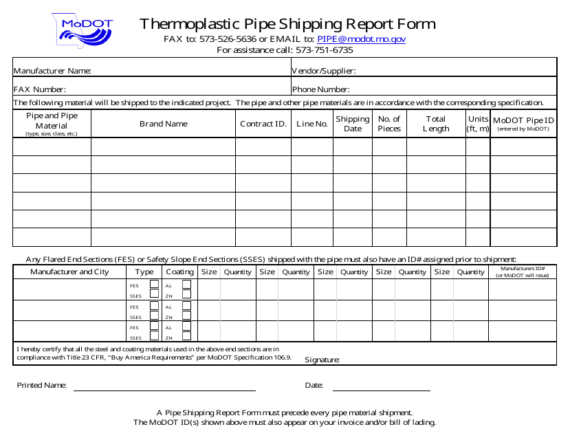 Form GS-17 (1) Thermoplastic Pipe Shipping Report Form - Missouri