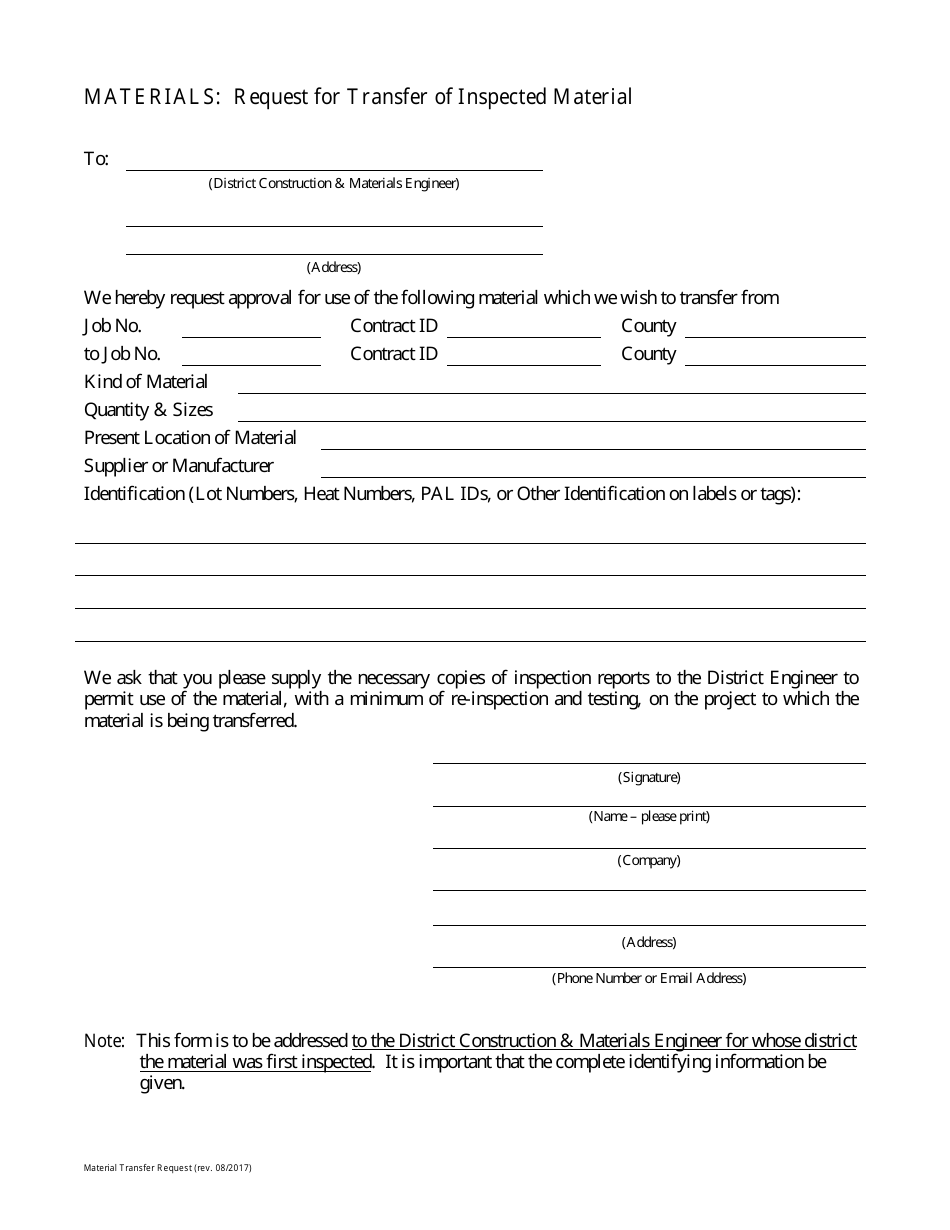 Request for Transfer of Inspected Material - Missouri, Page 1