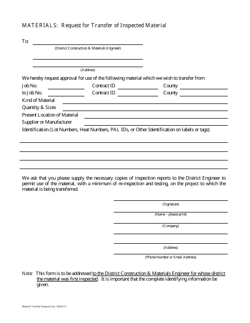 Request for Transfer of Inspected Material - Missouri Download Pdf