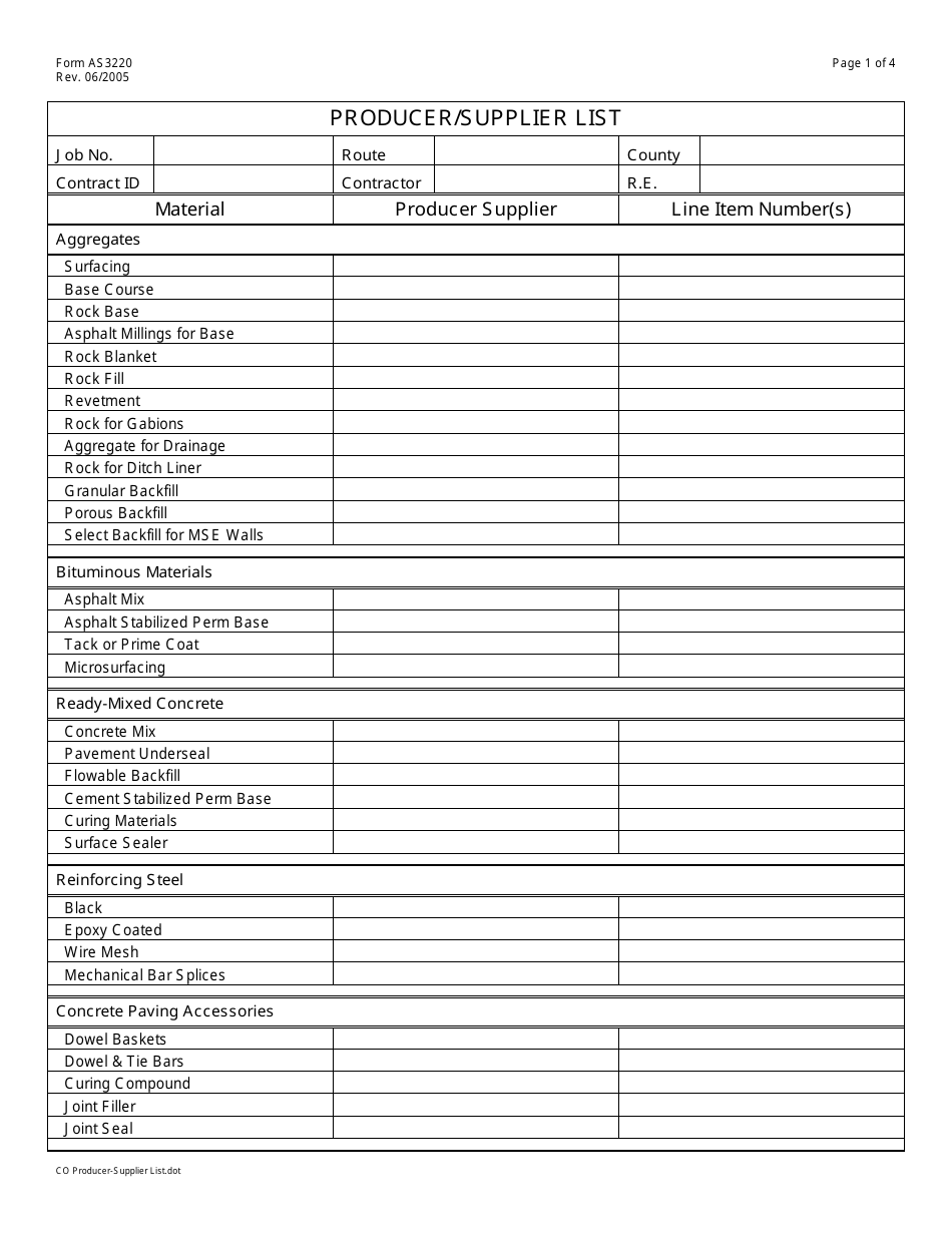 Form AS3220 Producer / Supplier List - Missouri, Page 1