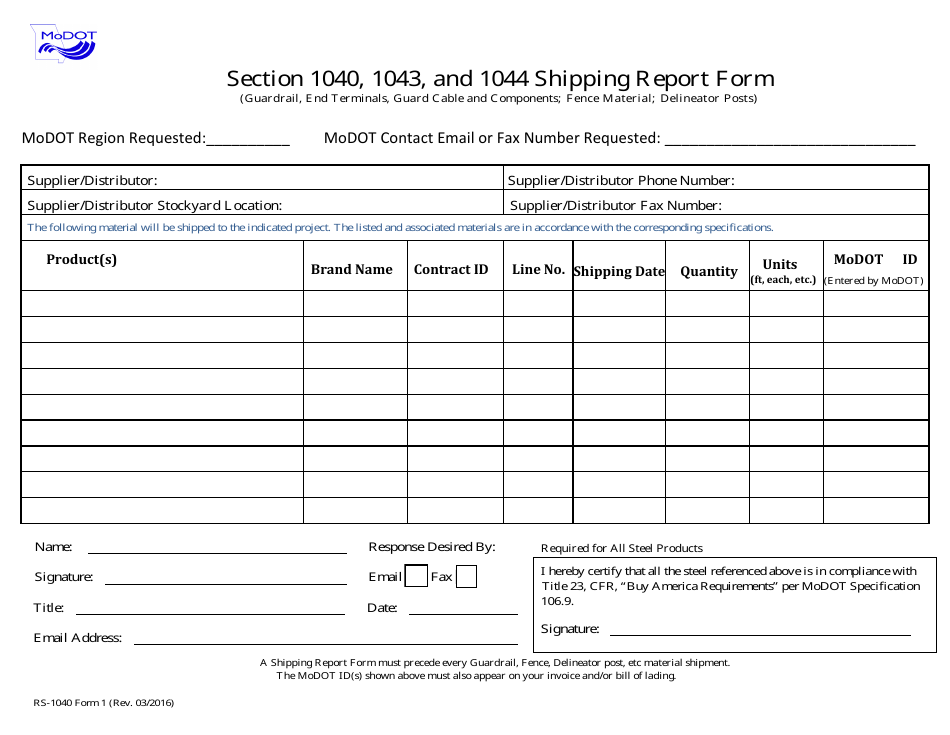 Form RS-1040 (1) Section 1040, 1043, and 1044 Shipping Report Form - Missouri, Page 1