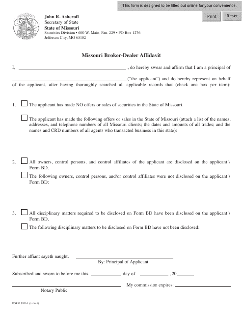 Form SBD-1 Missouri Broker-Dealer Affidavit - Missouri