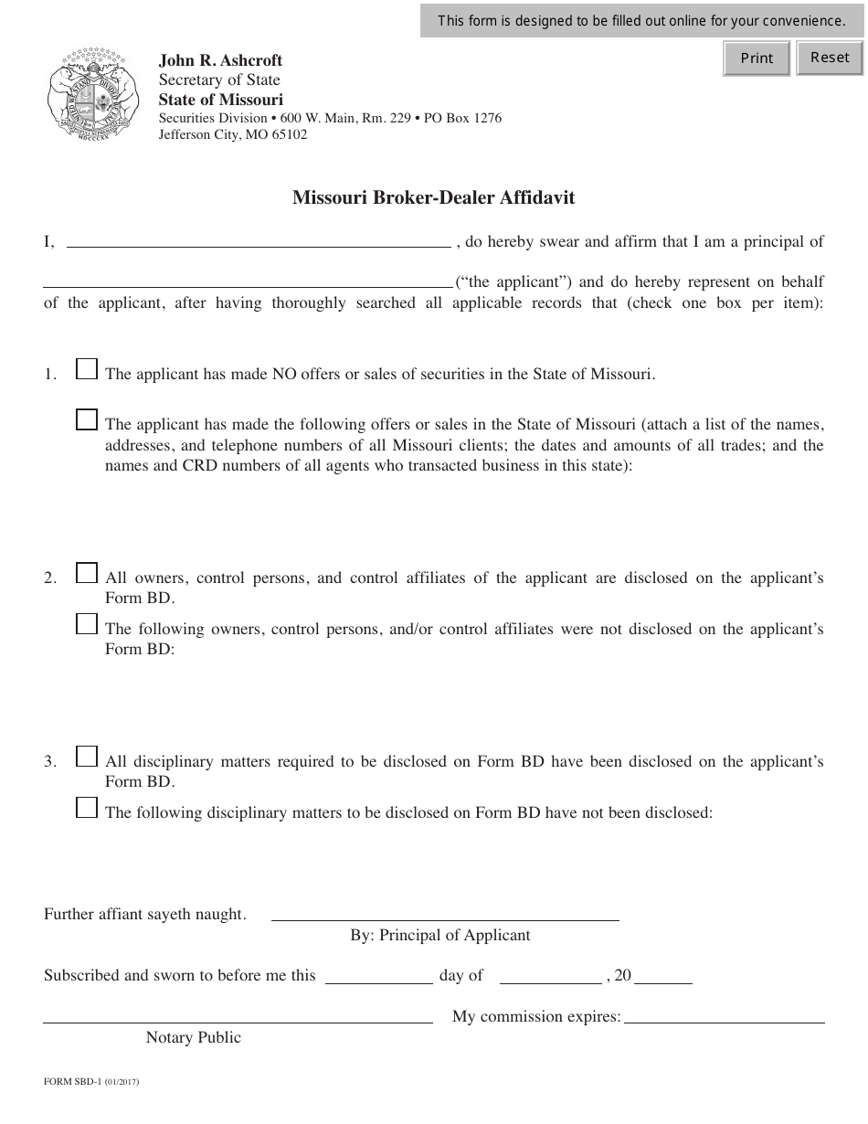 Form SBD-1 Missouri Broker-Dealer Affidavit - Missouri, Page 1