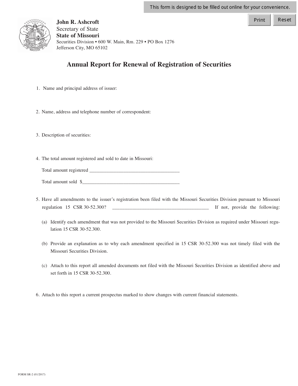 Form SR-2 Annual Report for Renewal of Registration of Securities - Missouri, Page 1