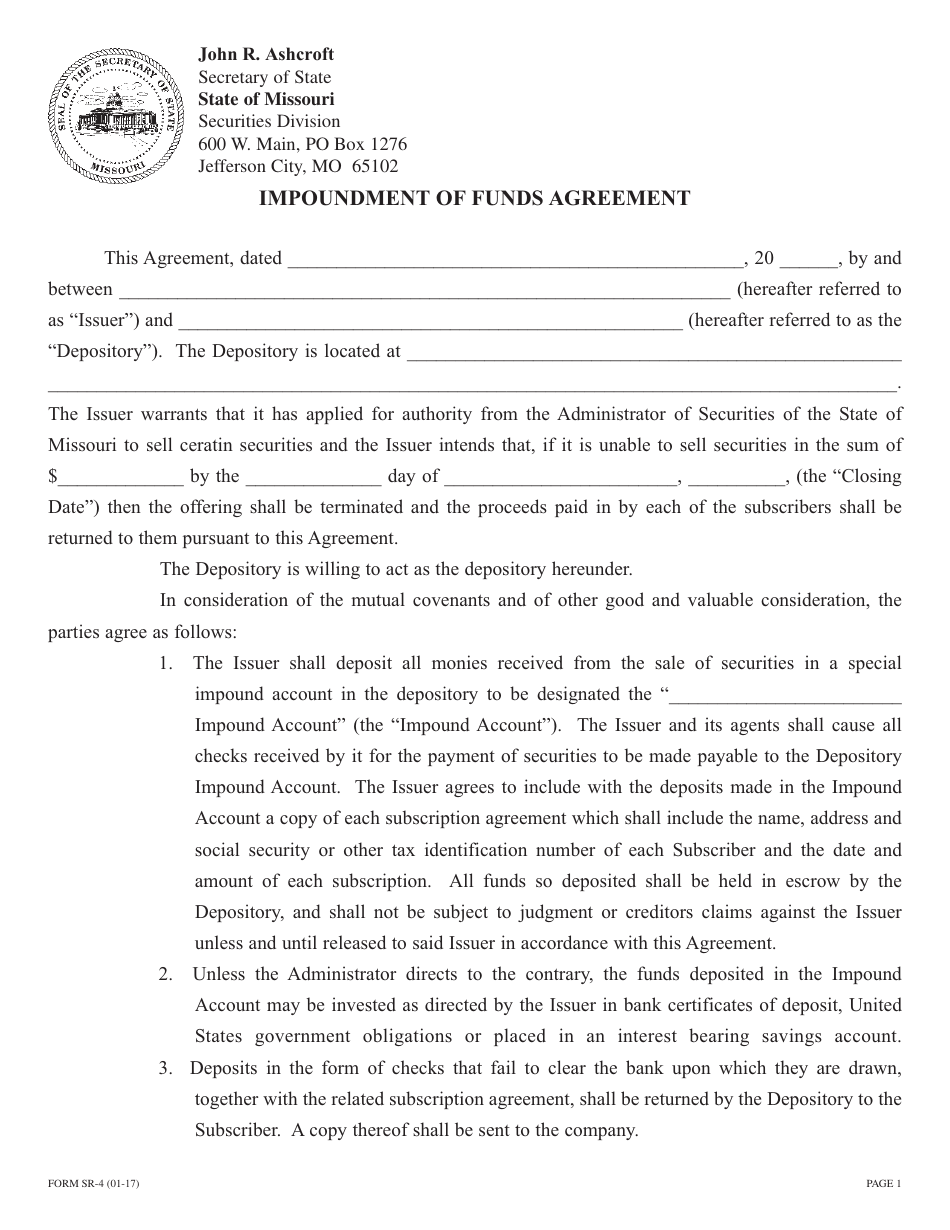 Form SR-4 Impoundment of Funds Agreement - Missouri, Page 1