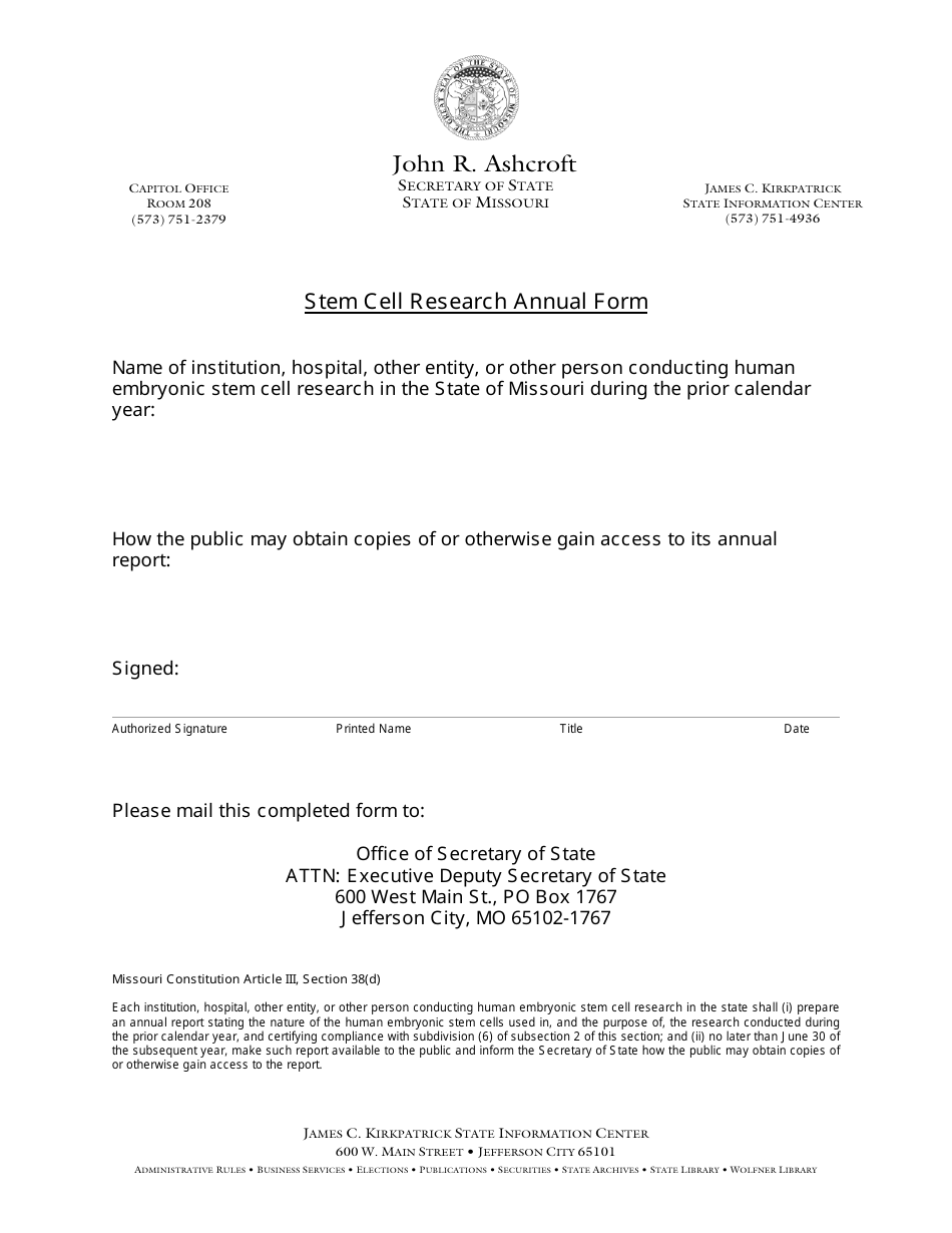 Stem Cell Research Annual Form - Missouri, Page 1