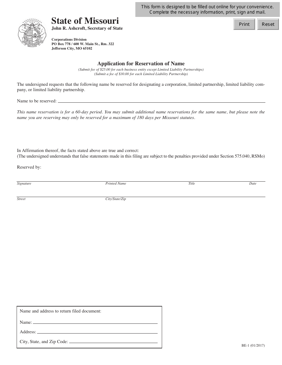 Form BE-1 Application for Reservation of Name - Missouri, Page 1