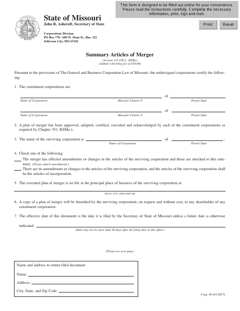 Form CORP.40 Summary Articles of Merger - Missouri