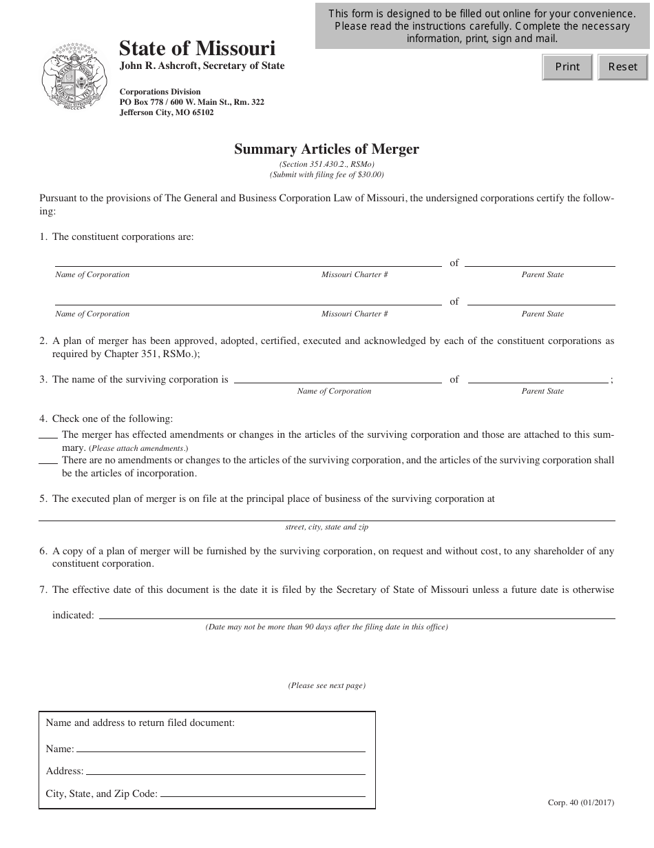Form CORP.40 Summary Articles of Merger - Missouri, Page 1
