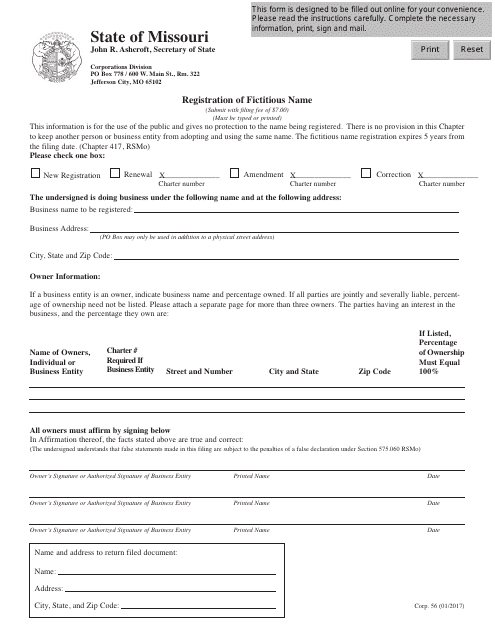 Form CORP.56 Registration of Fictitious Name - Missouri