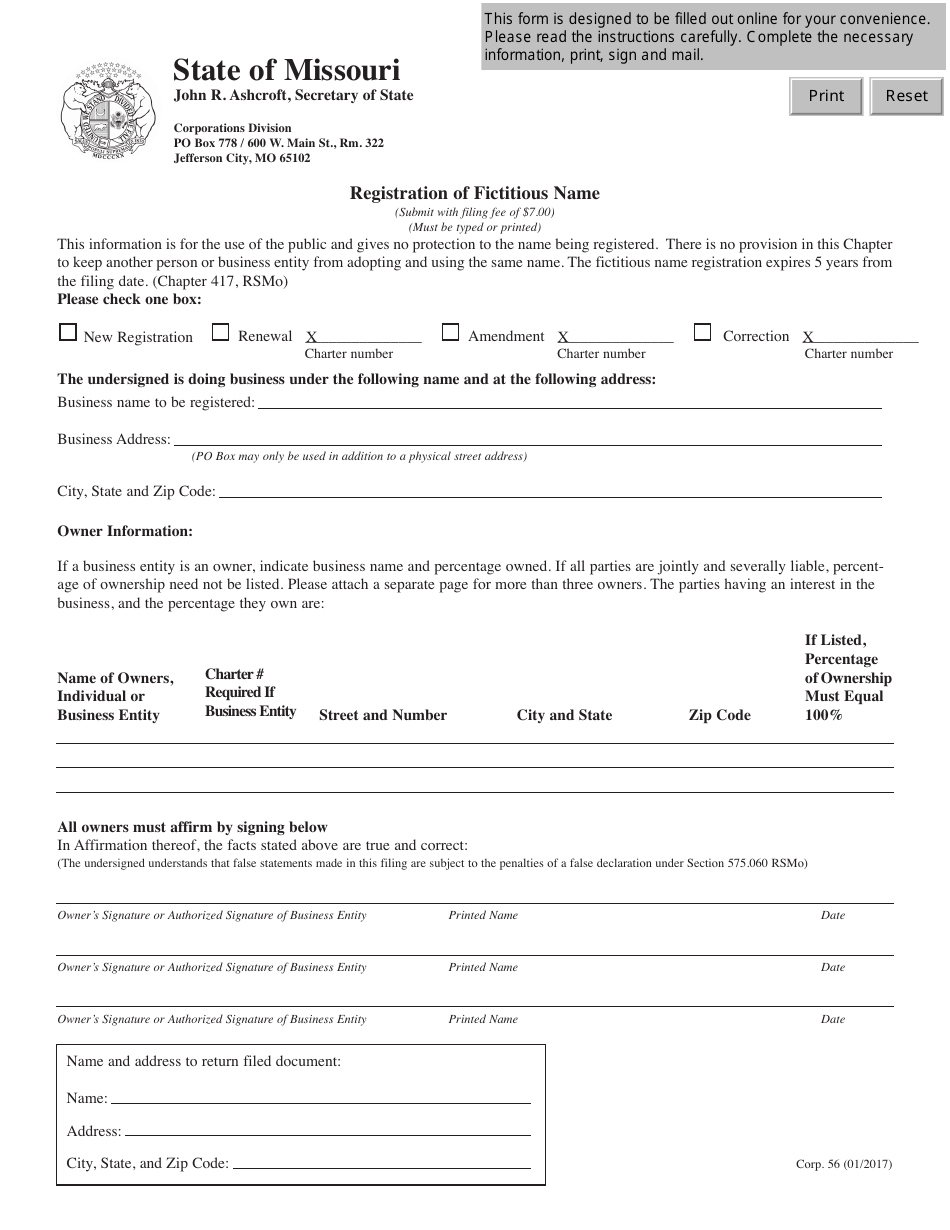 Form CORP.56 Registration of Fictitious Name - Missouri, Page 1