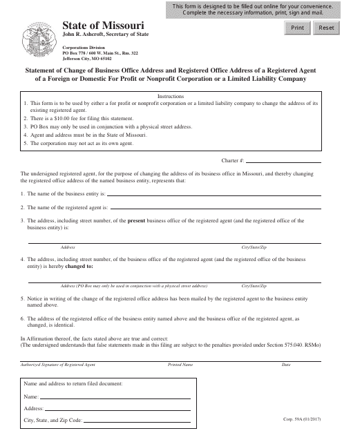 Form  Download Fillable PDF or Fill Online Statement of Change of  Business Office Address and Registered Office Address of a Registered Agent  of a Foreign or Domestic for Profit or Nonprofit