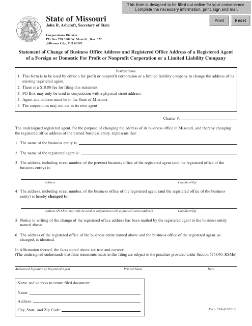 Form CORP.59A Statement of Change of Business Office Address and Registered Office Address of a Registered Agent of a Foreign or Domestic for Profit or Nonprofit Corporation or a Limited Liability Company - Missouri