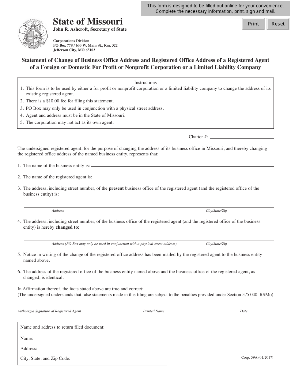 Form CORP.59A Statement of Change of Business Office Address and Registered Office Address of a Registered Agent of a Foreign or Domestic for Profit or Nonprofit Corporation or a Limited Liability Company - Missouri, Page 1