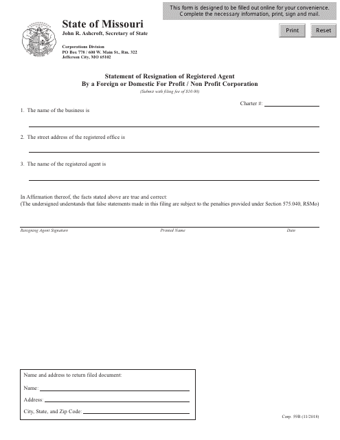Form CORP.59B Statement of Resignation of Registered Agent by a Foreign or Domestic for Profit / Non Profit Corporation - Missouri