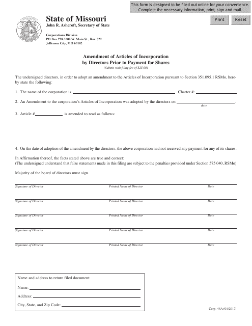 Form CORP.44A Amendment of Articles of Incorporation by Directors Prior to Payment for Shares - Missouri