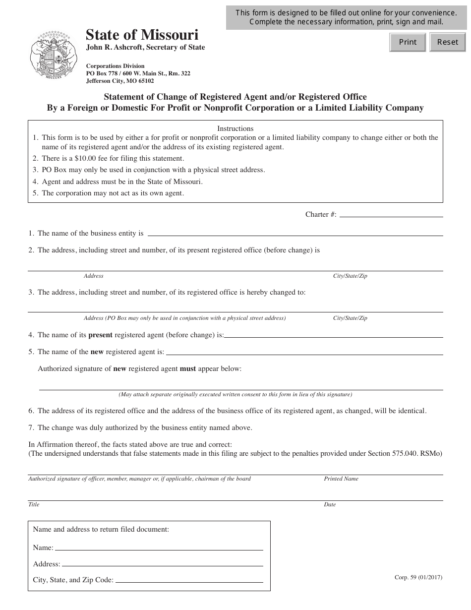 Form CORP.59 Statement of Change of Registered Agent and / or Registered Office by a Foreign or Domestic for Profit or Nonprofit Corporation or a Limited Liability Company - Missouri, Page 1