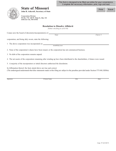 Form CORP.57 Resolution to Dissolve Affidavit - Missouri