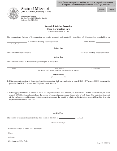 Form CORP.43C Amended Articles Accepting Close Corporation Law - Missouri