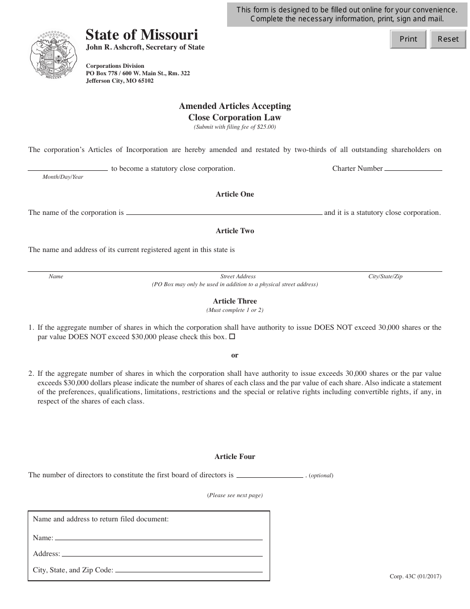 Form CORP.43C Amended Articles Accepting Close Corporation Law - Missouri, Page 1