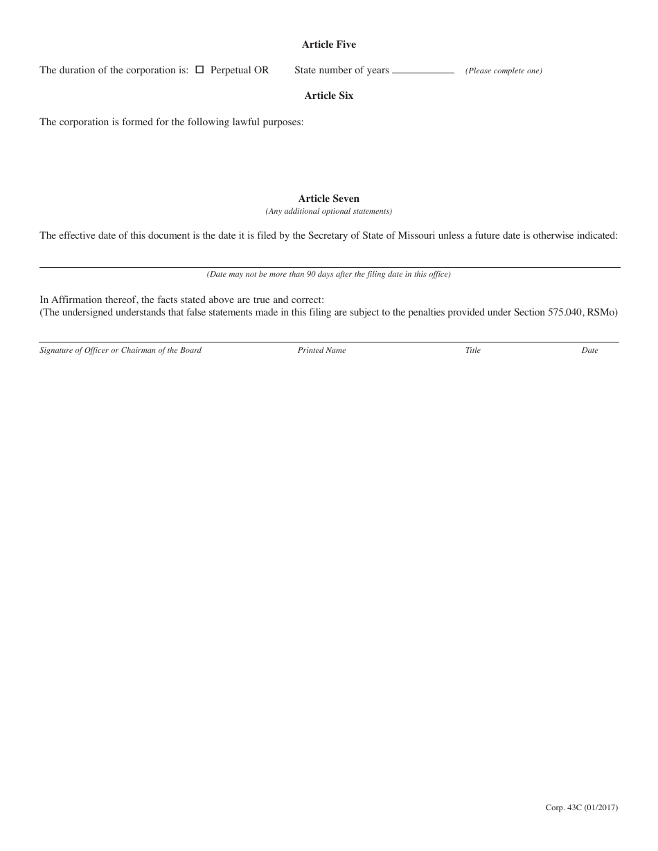 Form CORP.43C Amended Articles Accepting Close Corporation Law - Missouri, Page 2
