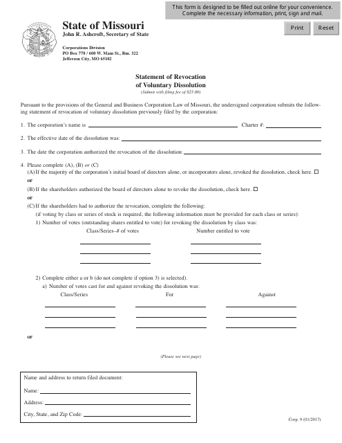 Form CORP.9 Statement of Revocation of Voluntary Dissolution - Missouri
