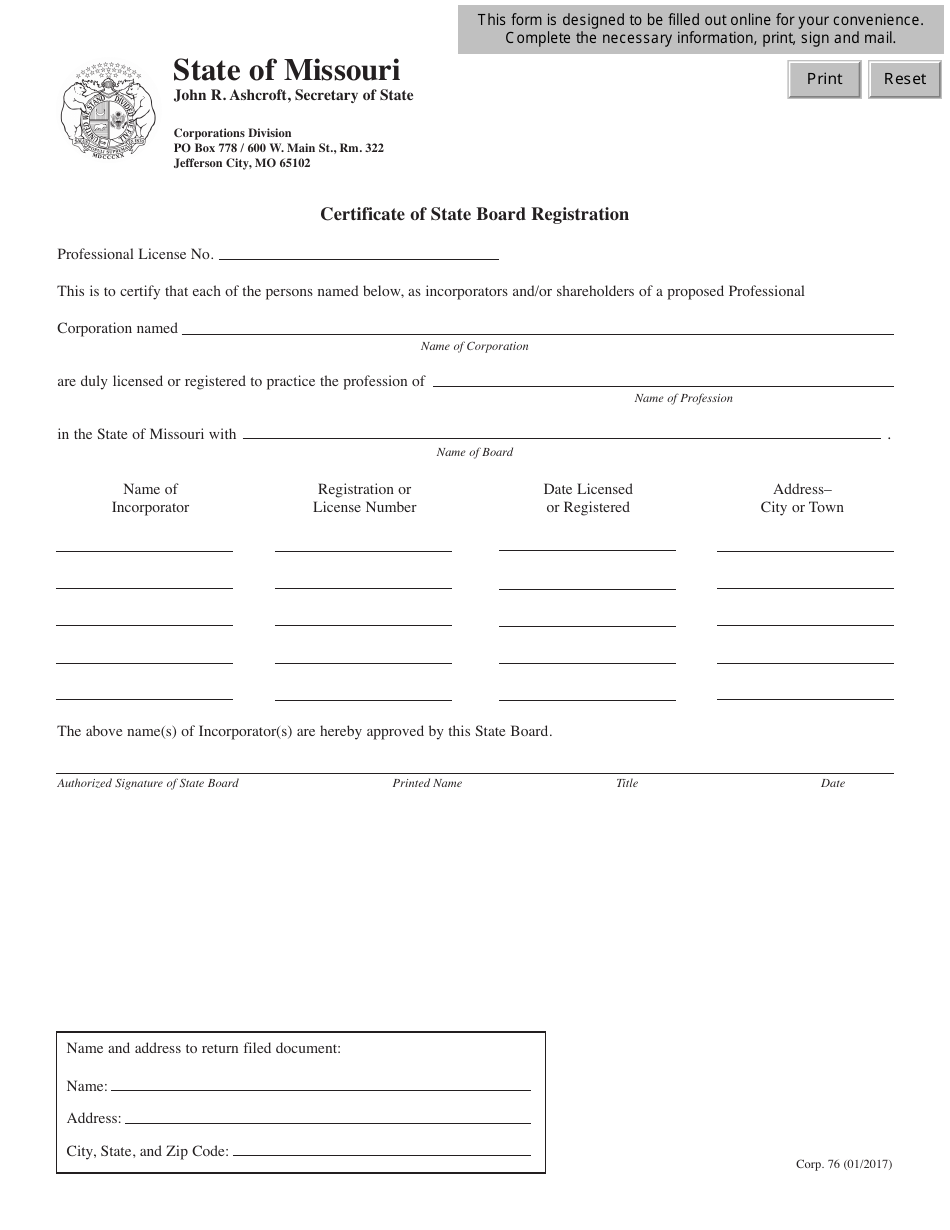 Form CORP.76 Certificate of State Board Registration - Missouri, Page 1