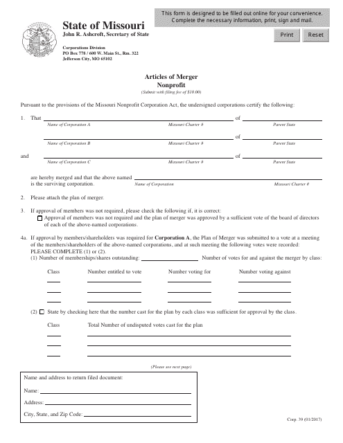 Form CORP.39 Articles of Merger - Nonprofit - Missouri