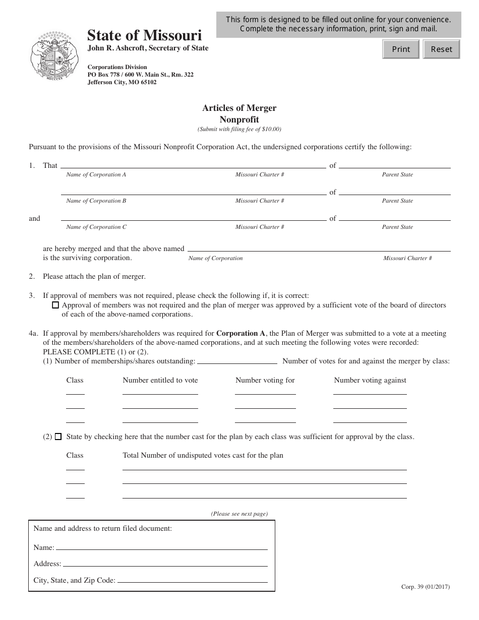 Form CORP.39 Articles of Merger - Nonprofit - Missouri, Page 1