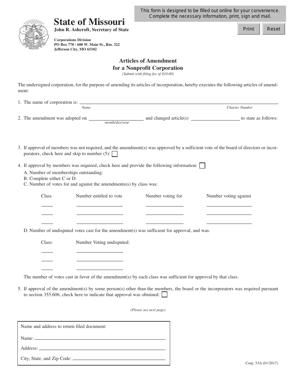 Form CORP.53A Articles of Amendment for a Nonprofit Corporation - Missouri, Page 1