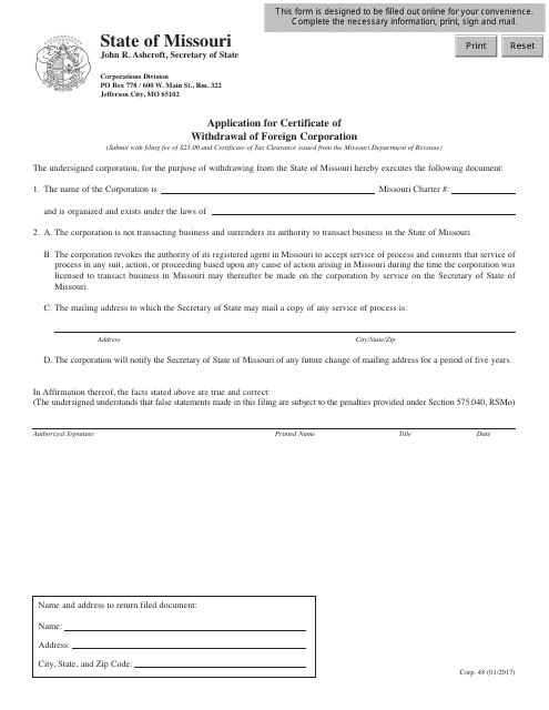 Form CORP.48 Application for Certificate of Withdrawal of Foreign Corporation - Missouri