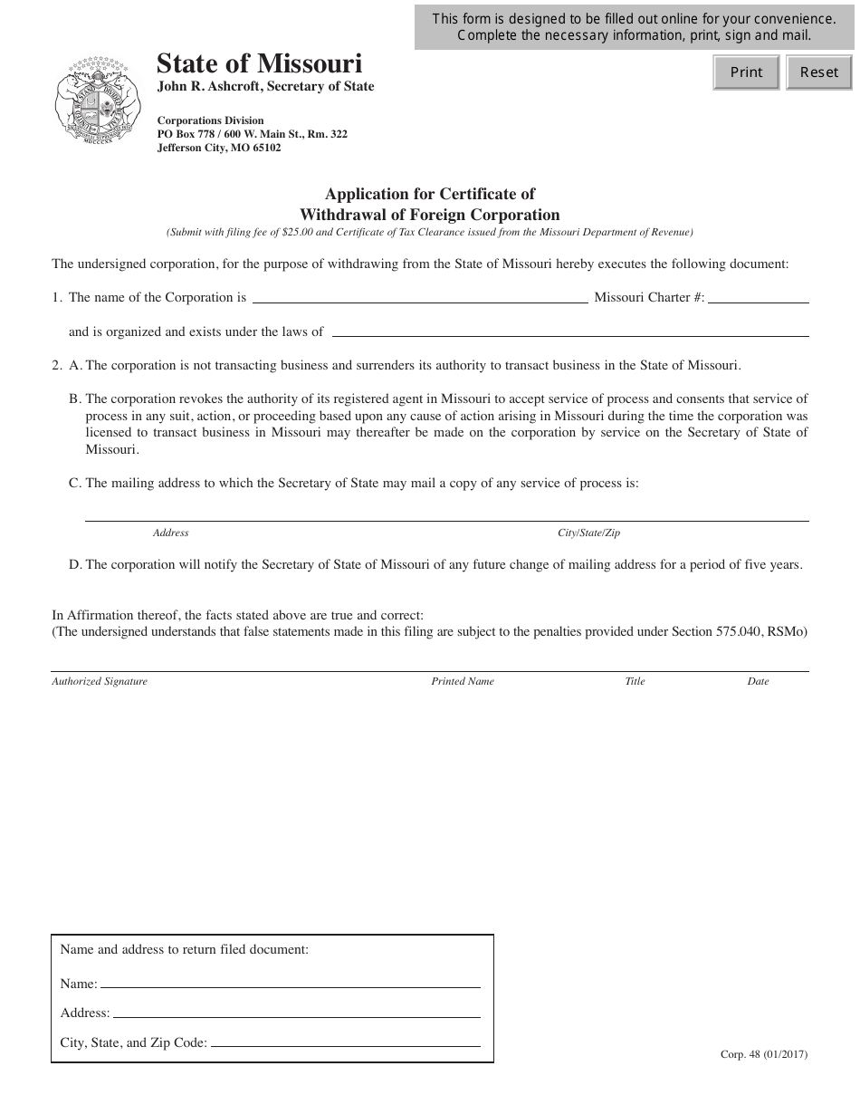 Form CORP.48 Application for Certificate of Withdrawal of Foreign Corporation - Missouri, Page 1