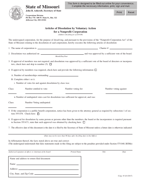 Form CORP.45 Articles of Dissolution by Voluntary Action for a Nonprofit Corporation - Missouri