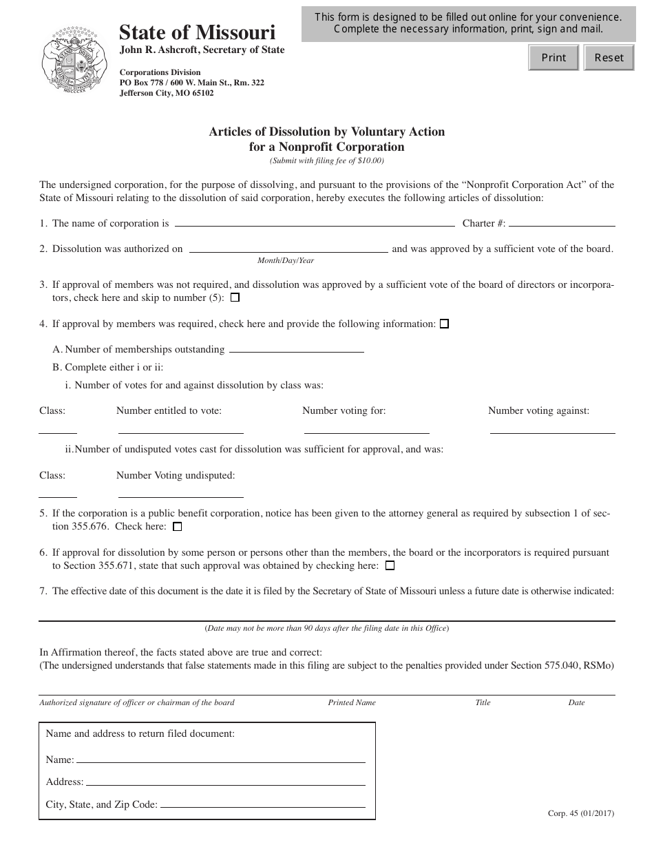 Form CORP.45 Articles of Dissolution by Voluntary Action for a Nonprofit Corporation - Missouri, Page 1