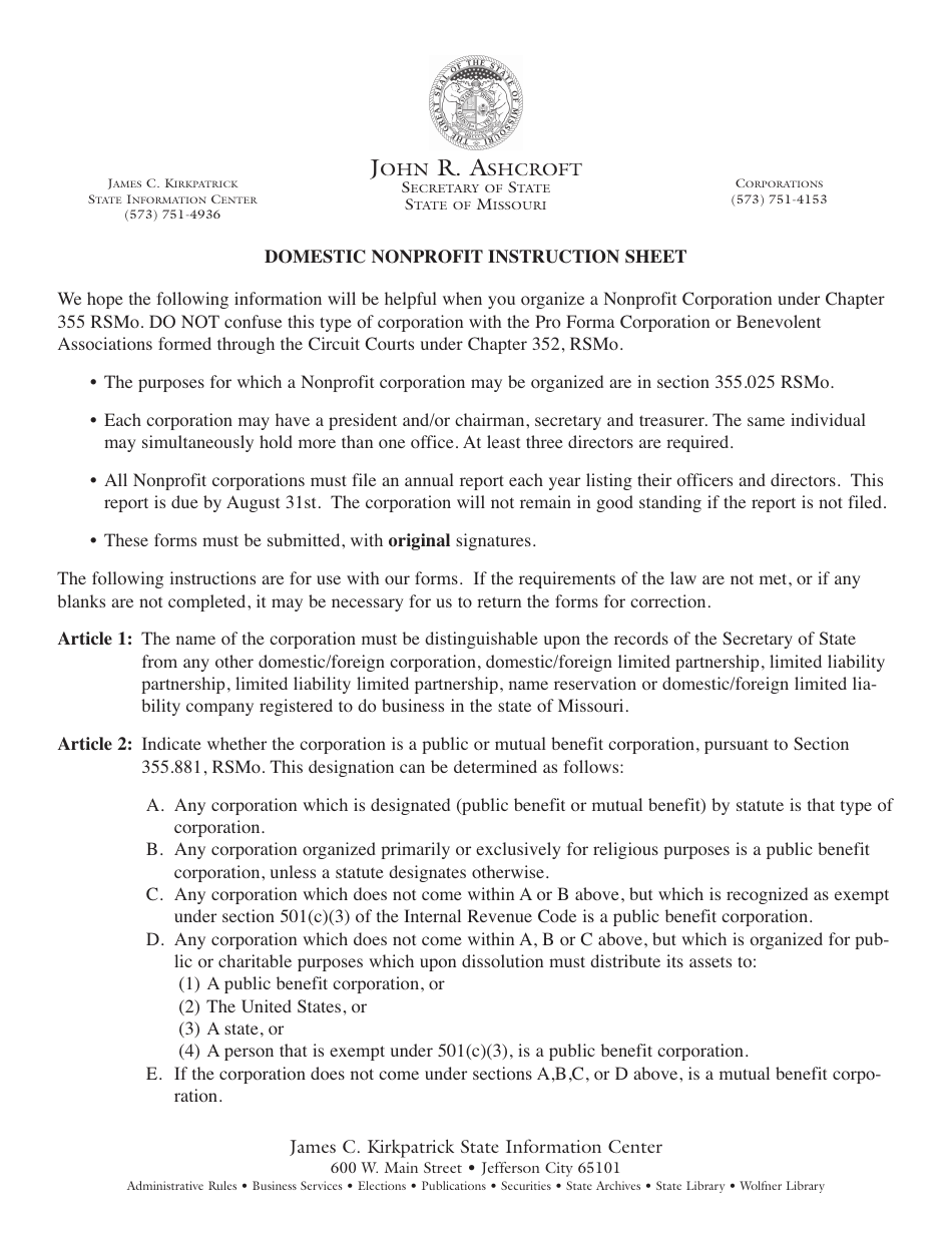 Form CORP.52 Articles of Incorporation of a Nonprofit Corporation - Missouri, Page 1