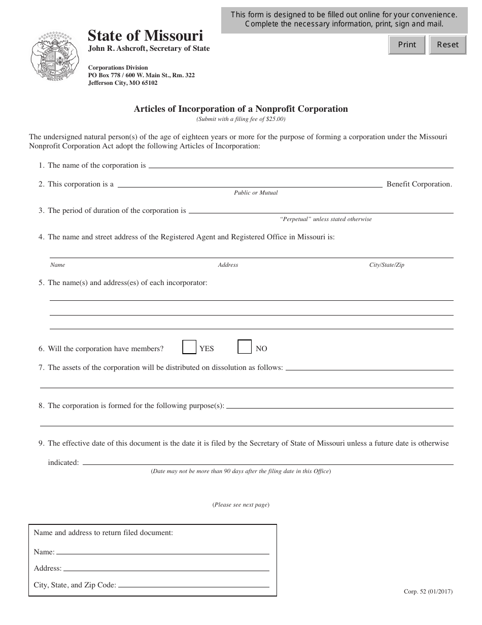Form CORP.52 Articles of Incorporation of a Nonprofit Corporation - Missouri, Page 4