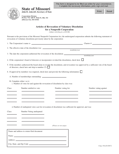 Form CORP.45A Articles of Revocation of Voluntary Dissolution for a Nonprofit Corporation - Missouri