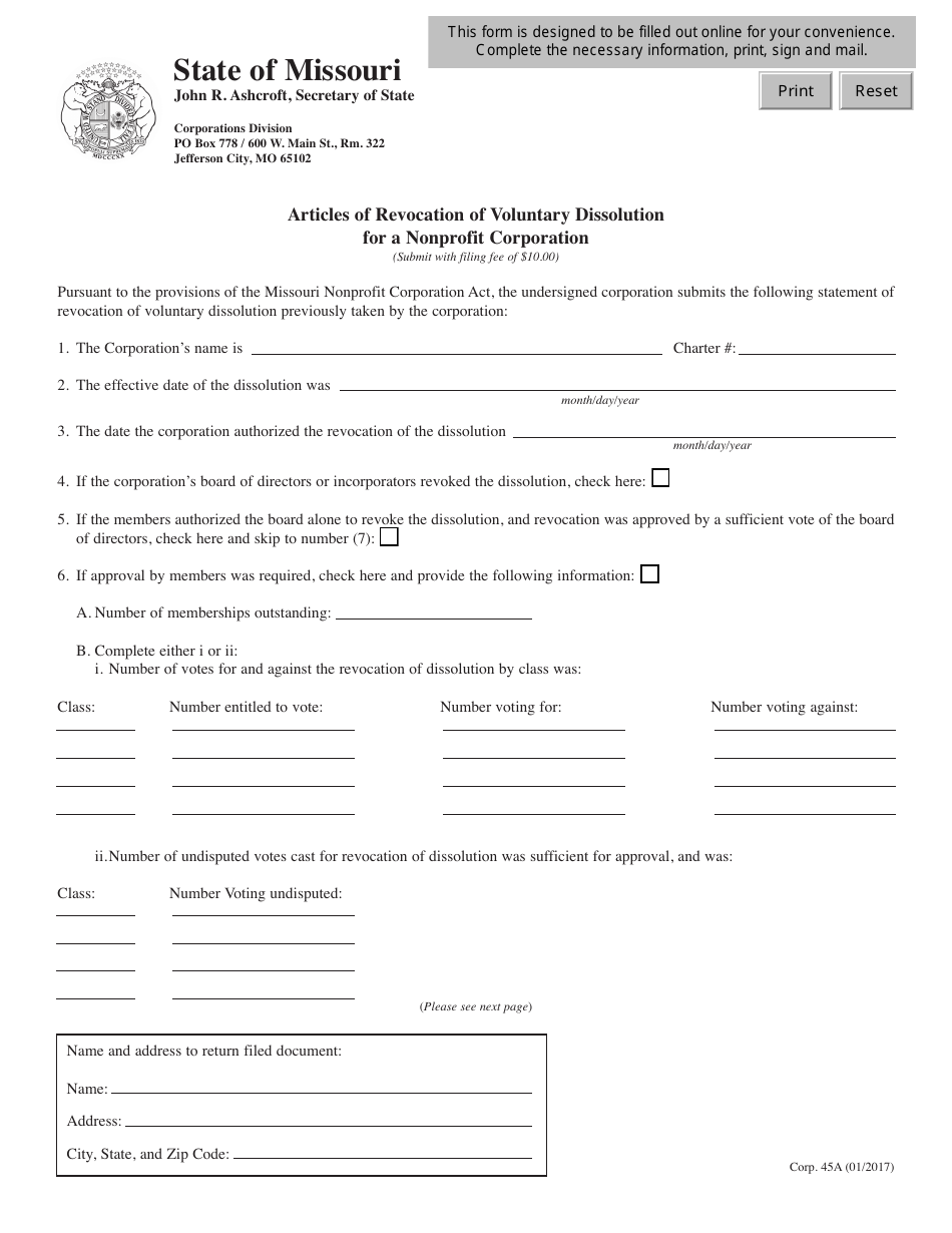 Form CORP.45A Articles of Revocation of Voluntary Dissolution for a Nonprofit Corporation - Missouri, Page 1
