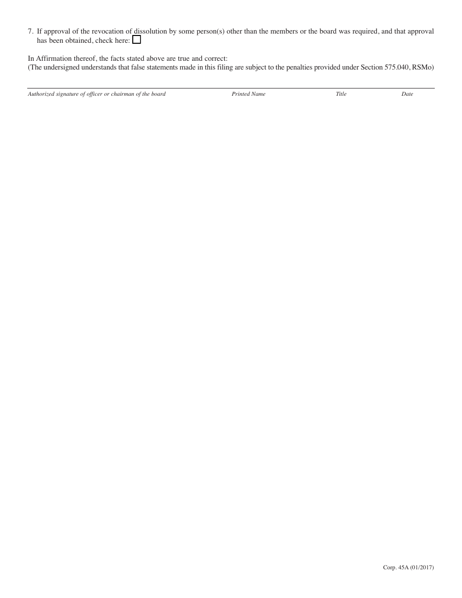 Form CORP.45A Articles of Revocation of Voluntary Dissolution for a Nonprofit Corporation - Missouri, Page 2