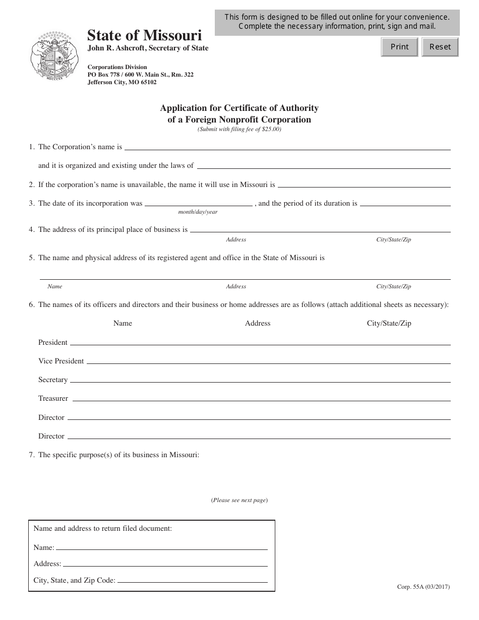 Form CORP.55A Application for Certificate of Authority of a Foreign Nonprofit Corporation - Missouri, Page 1