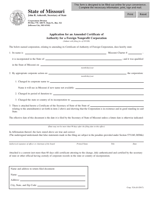 missouri application for certificate of authority for a foreign for-profit corporation