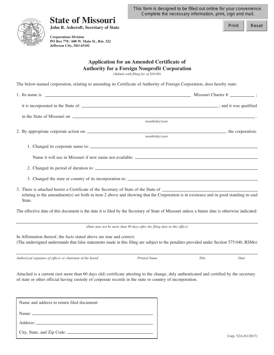Form CORP.52A Application for an Amended Certificate of Authority for a Foreign Nonprofit Corporation - Missouri, Page 1