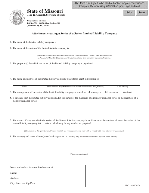 Form LLC-1A Attachment Creating a Series of a Series Limited Liability Company - Missouri